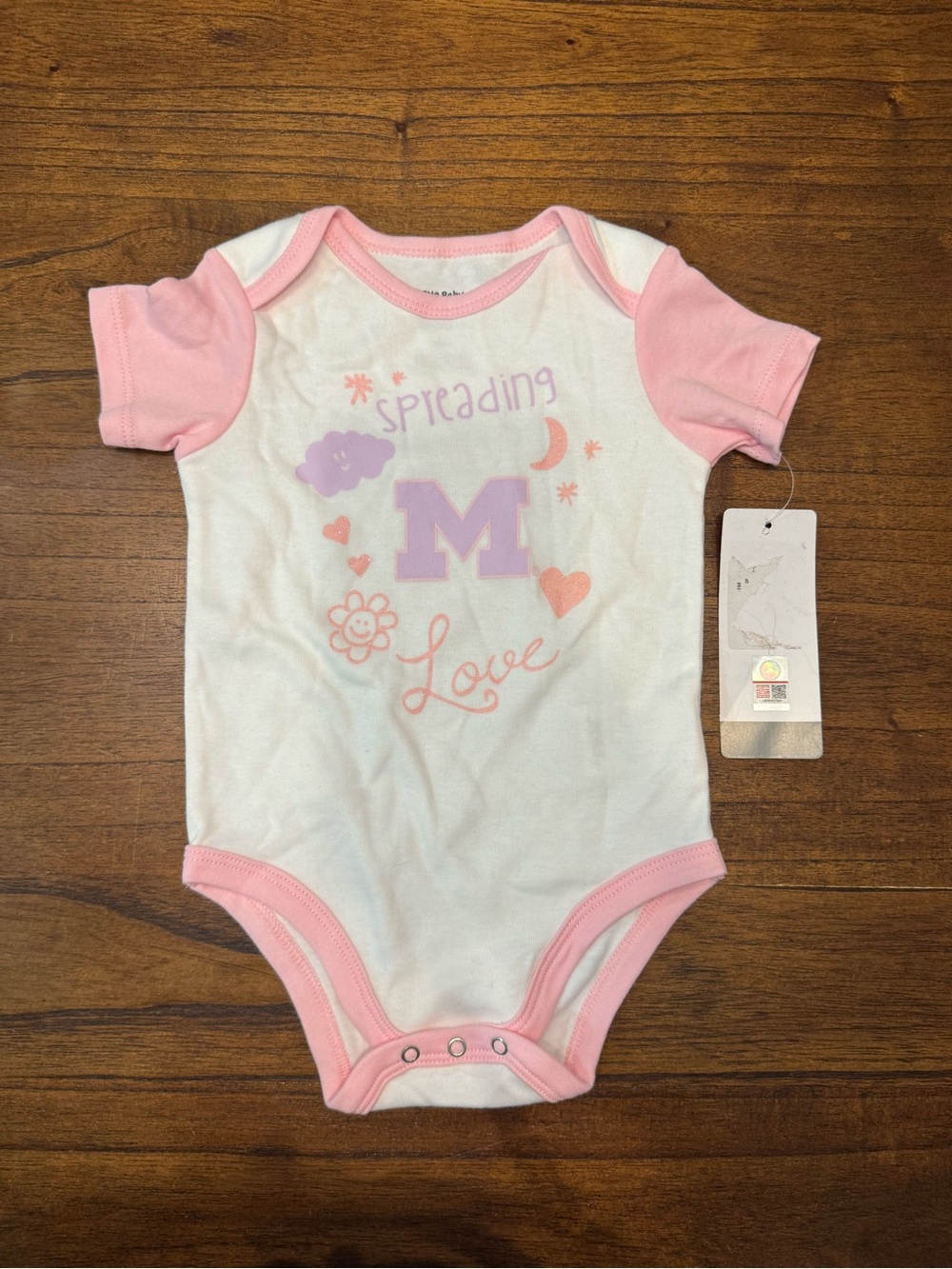 Pink Trim White Baby Onesie University of Michigan 'M' and Love Graphic